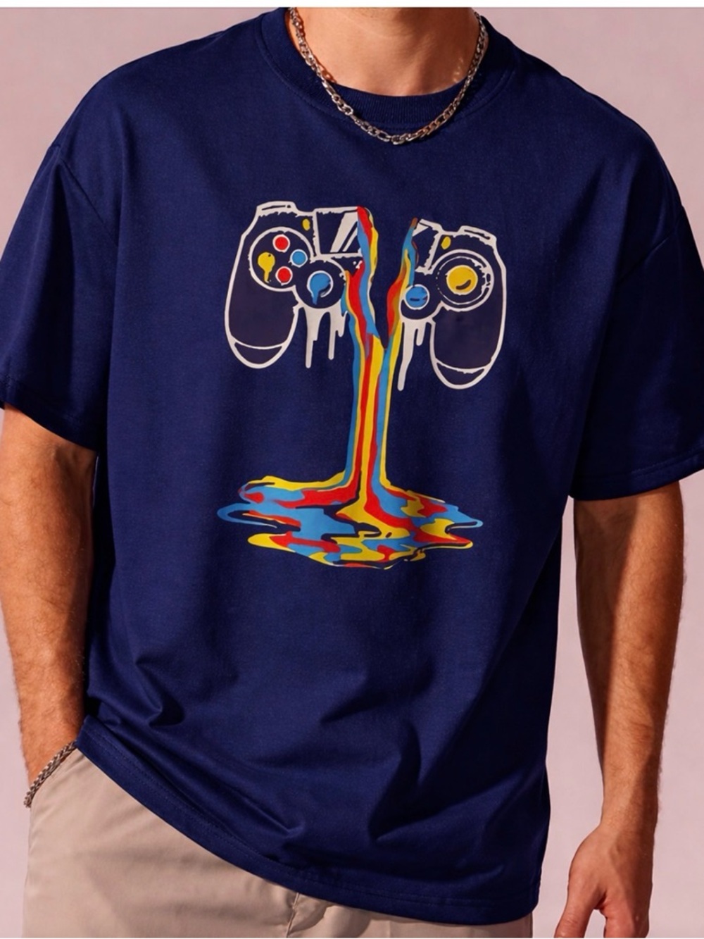 NIGHT ZONE Men's Navy Blue Gaming Controller Graphic T-Shirt L